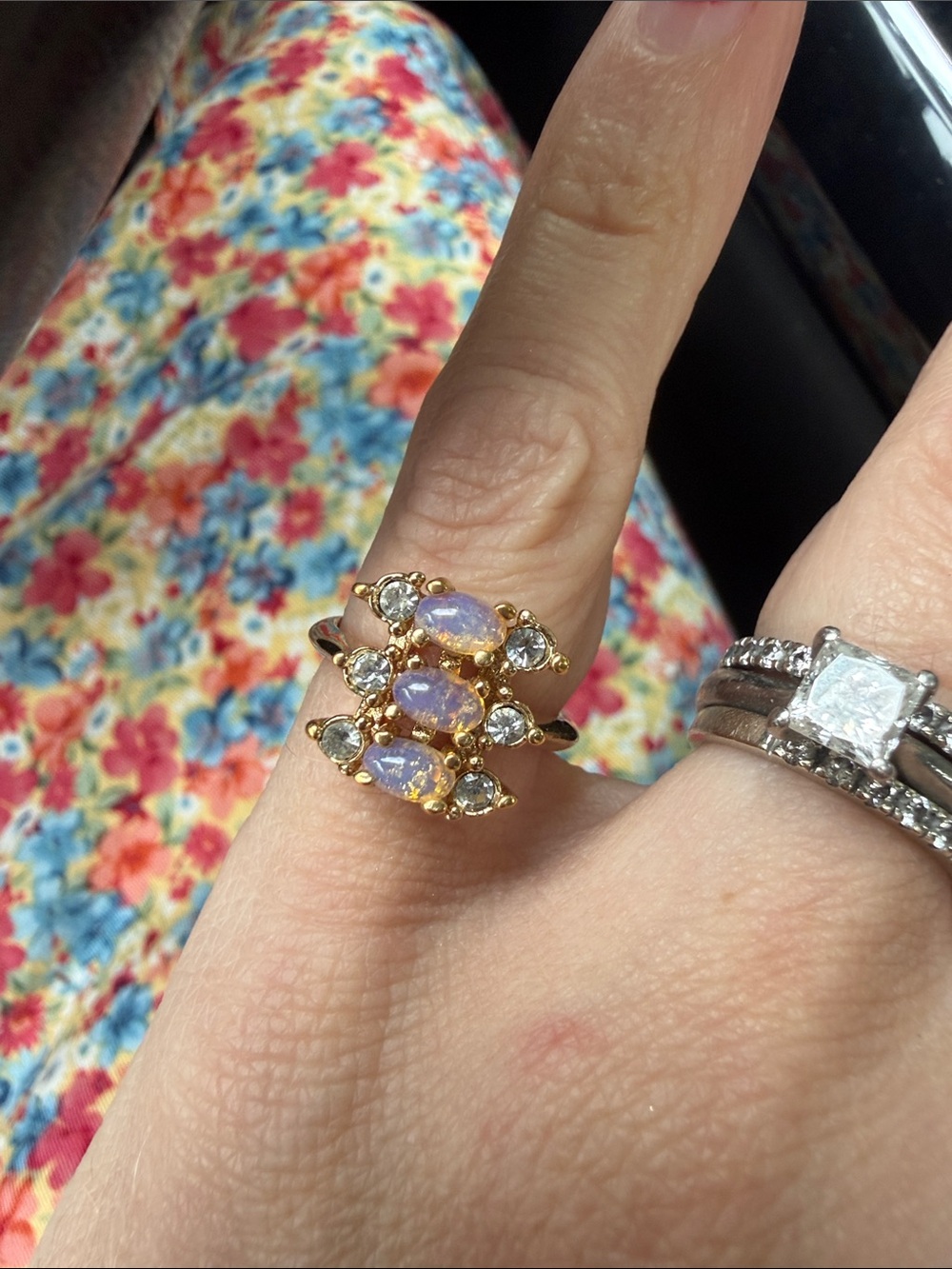 Avon Gold-Tone Lavender Opal and Clear Accent Ring - Women Jewelry